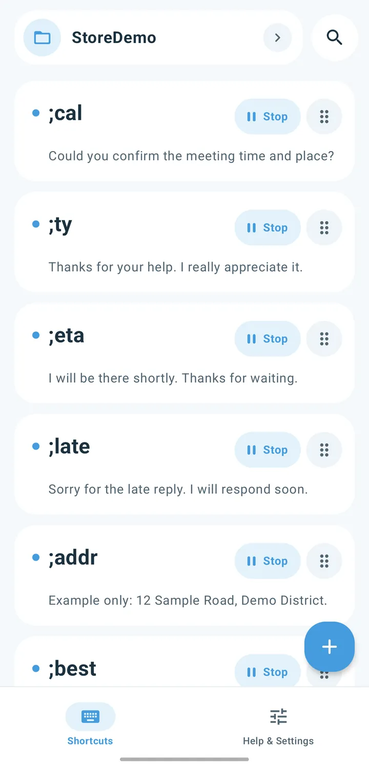 Autocomplete’s shortcut list, showing ;cal, ;ty and ;eta with the text saved for each.