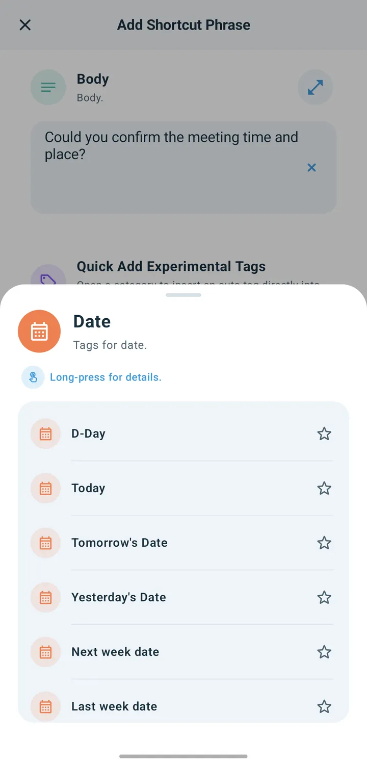 The Date tag list: D-Day, Today, Tomorrow’s Date, Yesterday’s Date, Next week date, Last week date