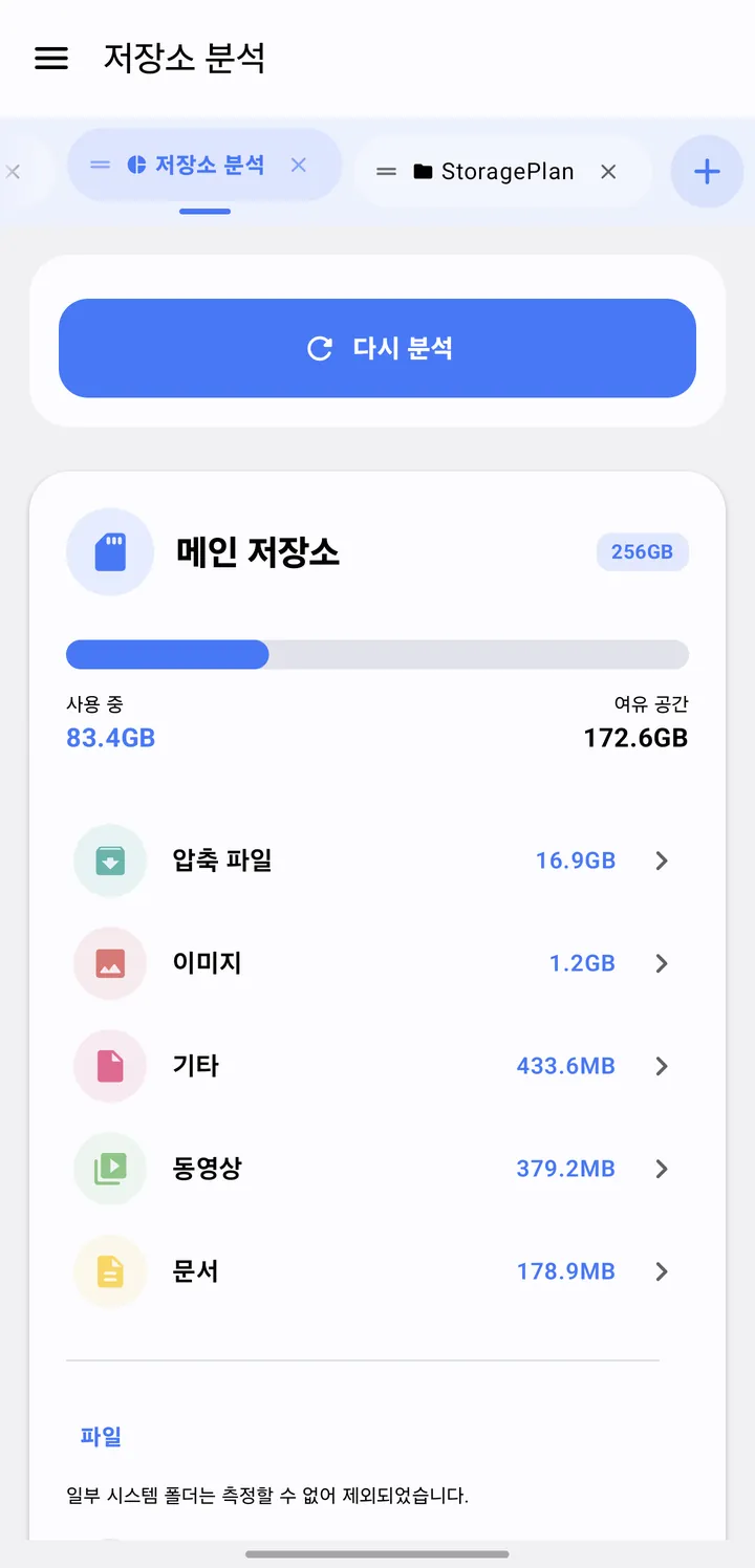 저장소 분석 화면. 다시 분석 버튼 아래에 메인 저장소 256GB 중 83.4GB를 쓰고 있다는 막대가 있고, 압축 파일·이미지·기타·동영상·문서별 용량이 목록으로 나와요.