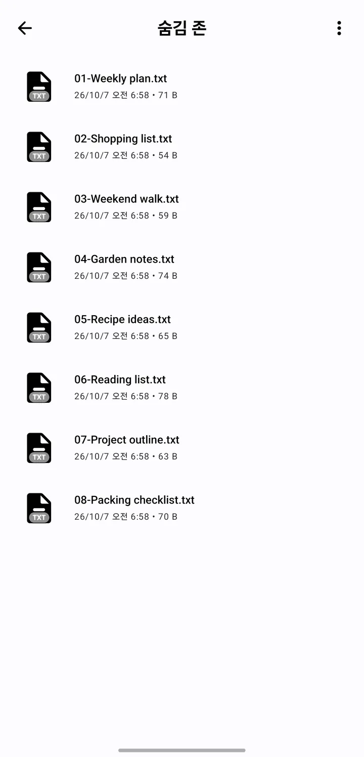 숨김 존 화면. 01-Weekly plan.txt부터 08-Packing checklist.txt까지 숨긴 텍스트 파일 8개가 목록으로 있어요.